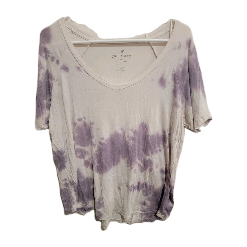 American Eagle Soft & Sexy V-Neck Shirt L Purple White Tie Dye Short Sleeve Tee